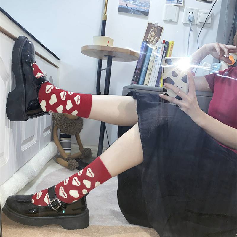 Korean Love Socks Trendy Brand Autumn and Winter Korean Version Women's Pile Socks Cotton Medium Tube White JK Internet Celebrity Girls' Long Socks