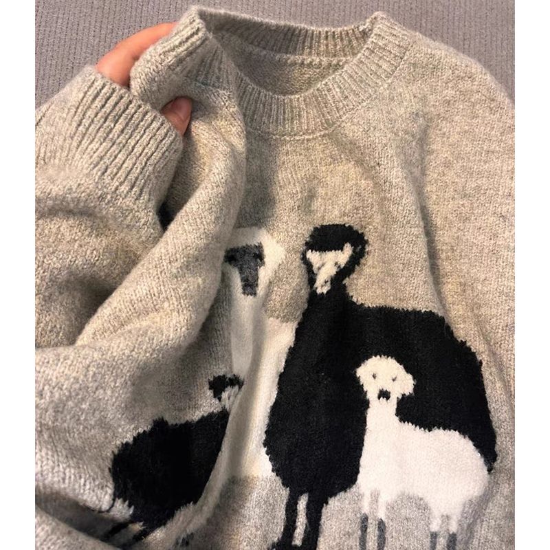 Gray lamb embroidered round neck soft waxy sweater for women autumn 2023 design lazy loose western style pullover sweater