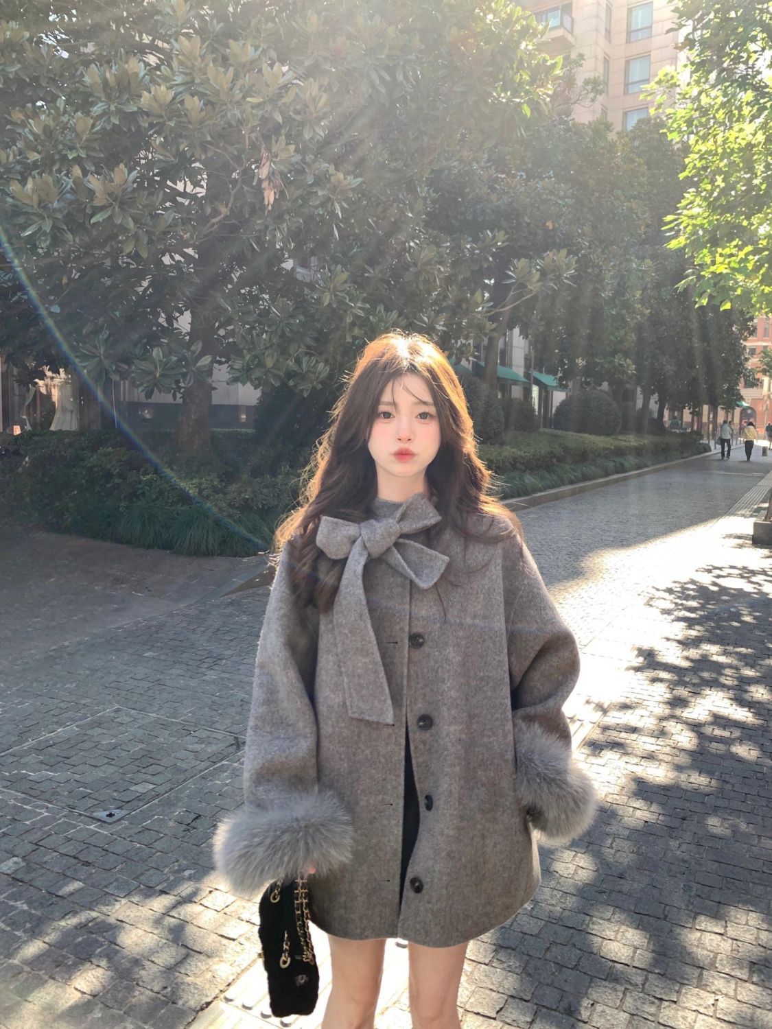 French retro bow gray woolen coat for women autumn and winter new style small fashionable age-reducing woolen coat