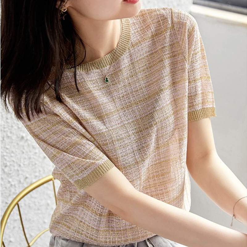 Plaid short-sleeved knitted top for women summer new style ladylike slim fit slimming age-reducing t-shirt
