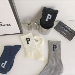 Spring and summer socks men's simple letter P stockings trendy sports knitted cotton socks women's white trendy socks