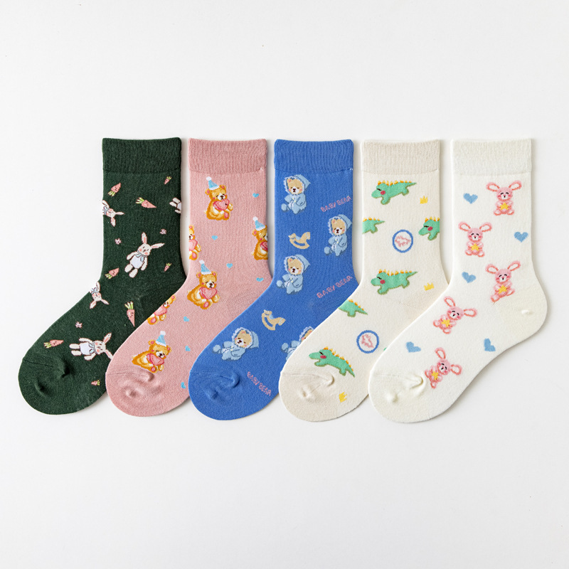 Socks for women spring and summer white Japanese style ins trendy brand mid-calf socks Korean version retro piles of JK cotton socks for women cartoon socks