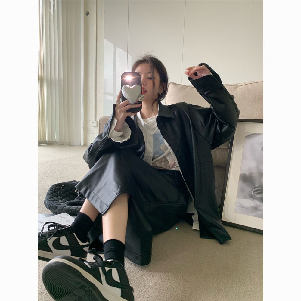 Autumn Fashion Suit PU Leather Jacket Women's Early Autumn High Waist Slim Straight Skirt Two-piece Set