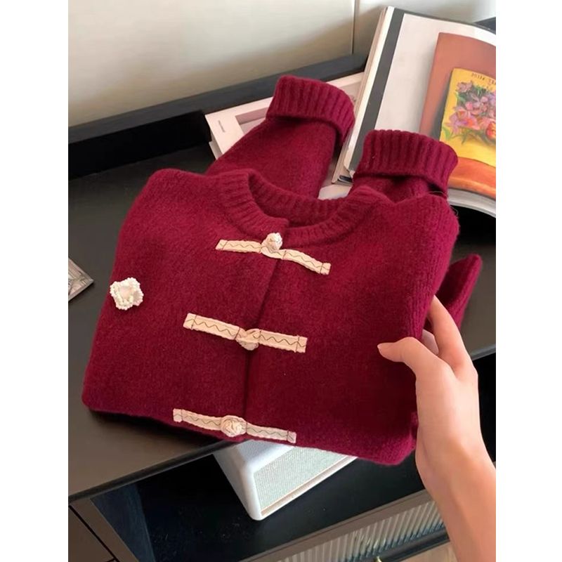 New Chinese style national style sweater cardigan buttoned sweater autumn and winter new retro new year red foreign style age-reducing jacket