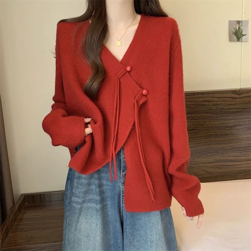 New Chinese style disc button v-neck sweater jacket for women winter large size fat mm slimming loose mid-length slit sweater
