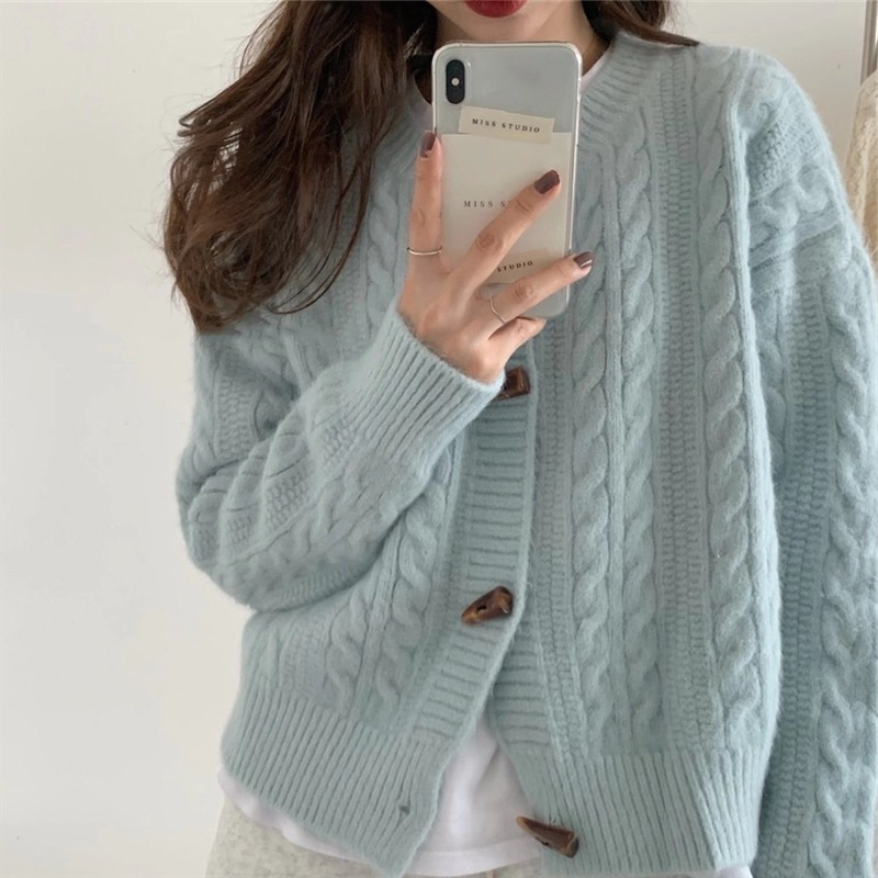 Horn Button Twist Sweater Jacket Women's Autumn and Winter New Outerwear Solid Color Slim Round Neck Short Knitted Cardigan for Women