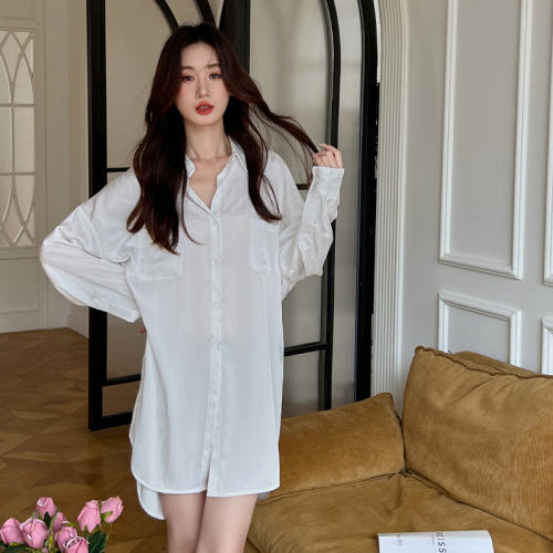 Pajamas for women spring and summer ice silk sexy boyfriend style shirt high-end internet celebrity style summer silk pajamas