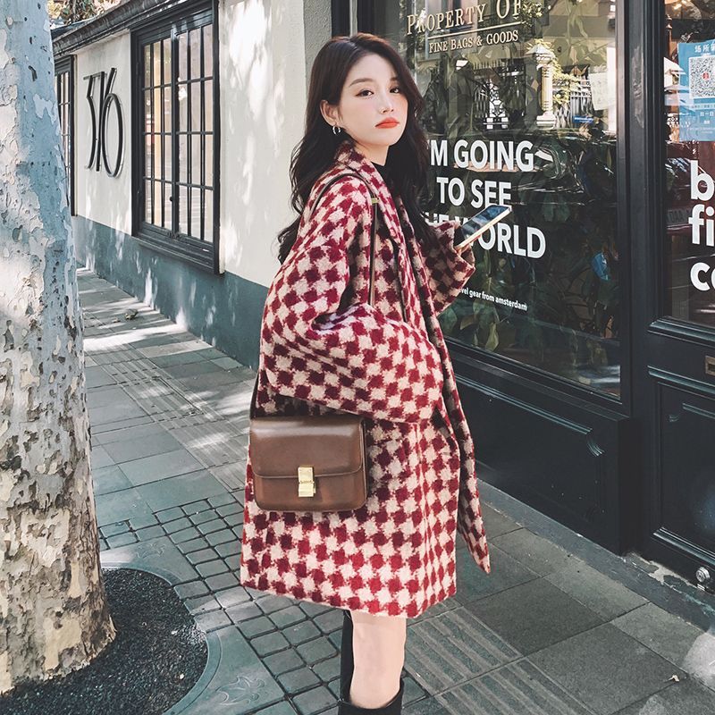 Winter new style slim woolen coat for small people Korean style loose plaid suit woolen women's thickened student coat