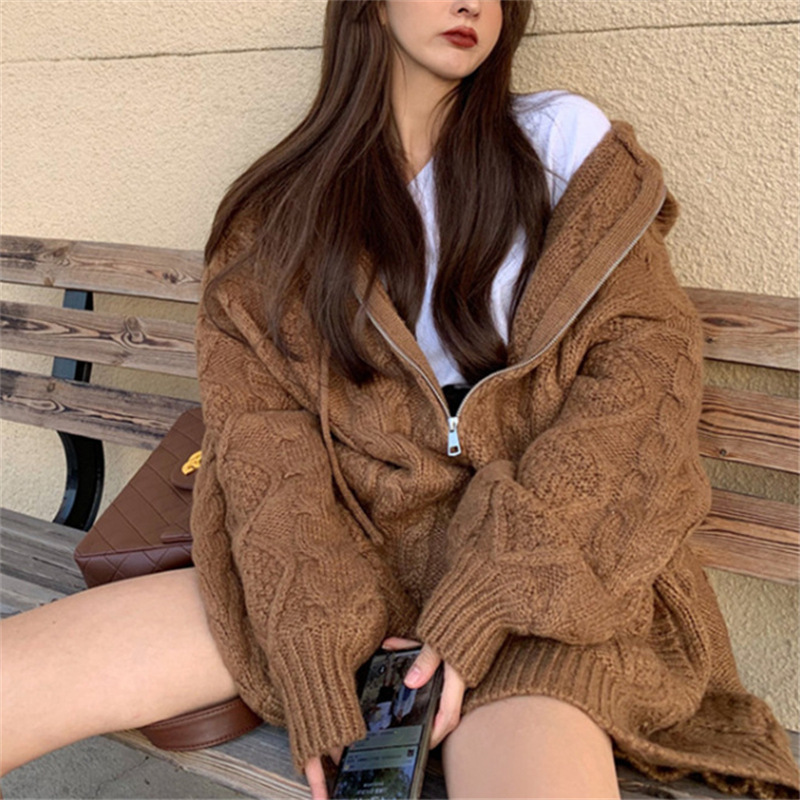 Retro lazy style large size mid-length pullover hooded zipper sweater for women new autumn and winter tops and jackets
