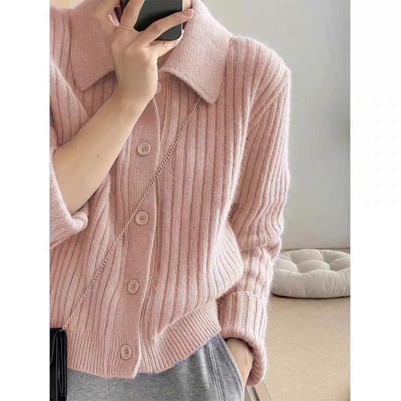Temperament pink lapel sweater cardigan for women autumn design niche gentle lazy knitted jacket polo top