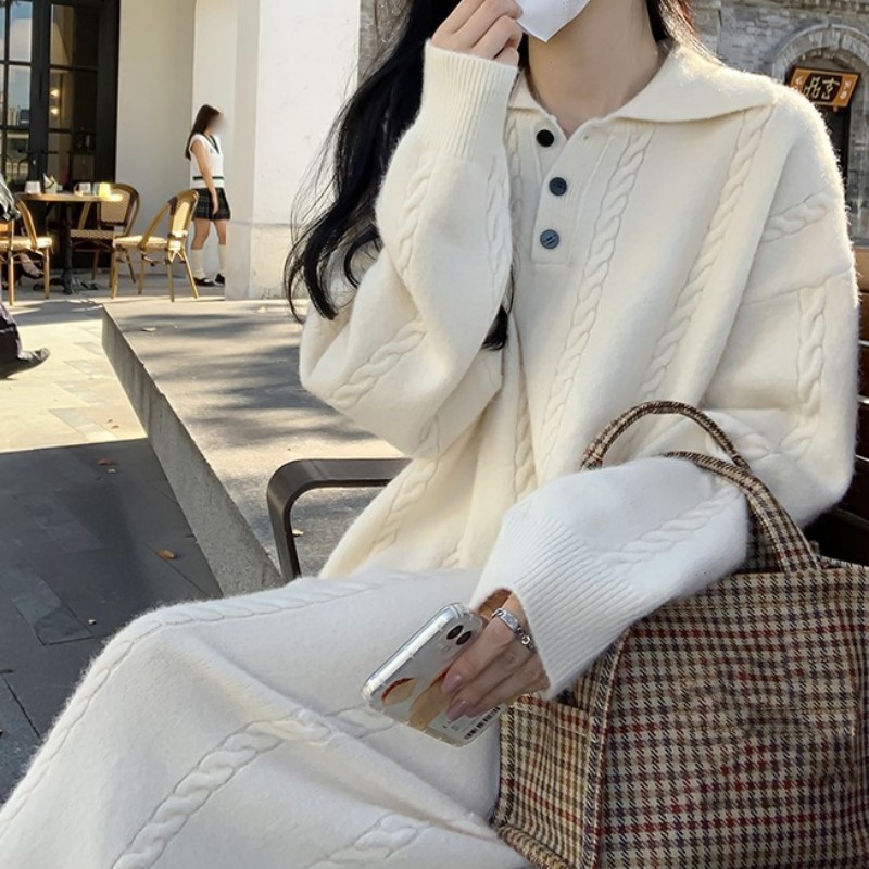 New French style lazy style autumn and winter women's design solid color lapel loose fashion knitted dress for women