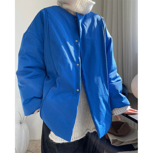 Klein blue retro cotton coat winter new Korean style lazy silhouette collarless silhouette warm casual jacket women's thick