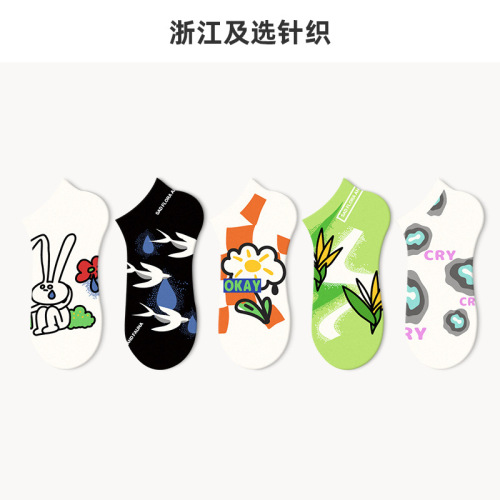 Lumi Summer Cartoon Socks Women's Shallow Mouth Ins Trendy Non-Falling Boat Socks Cute Breathable Thin Trendy Brand Cotton Socks