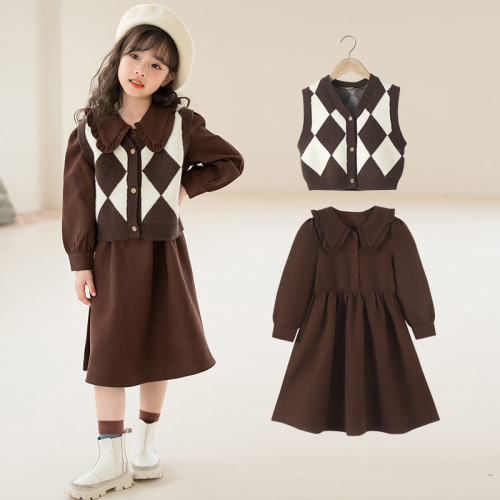 Girls dress suit new autumn Korean style medium and large children's sweater vest corduroy dress children's clothing