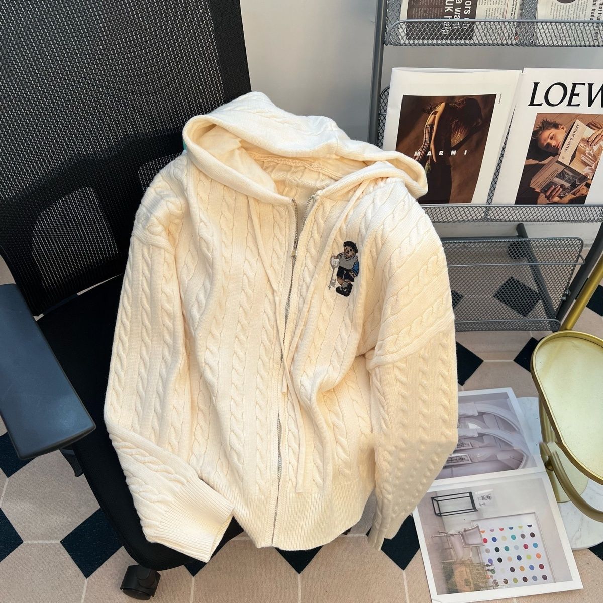 Spring and Autumn Bear Twist Knitted Hooded Jacket Women's 2023 New College Style Casual and Versatile Cardigan