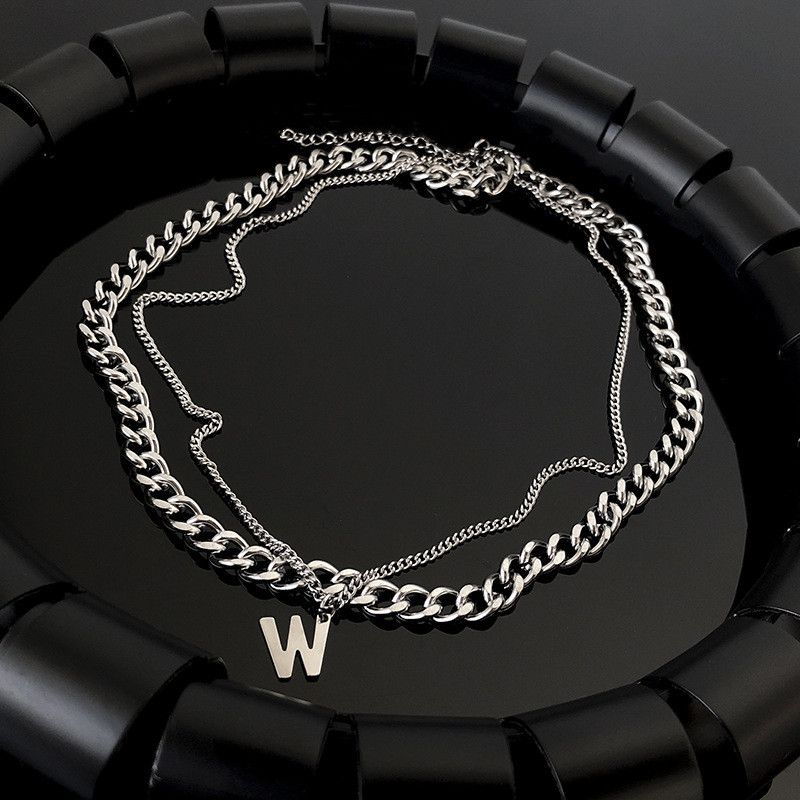 2023 New Double Layer W Letter Pendant Sweater Chain Necklace Women's Trendy Ins Hip-Hop Sweater Chain Accessories Men