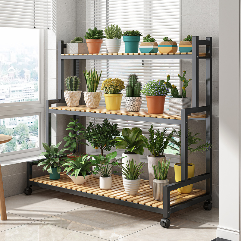 Iron flower rack storage rack balcony living room floor-standing multi-layer ladder flower rack mobile succulent flower pot rack with wheels