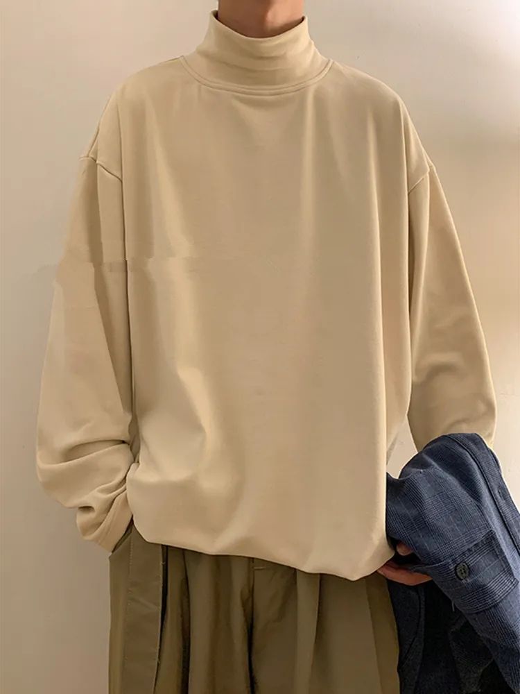 Autumn and winter German velvet long-sleeved T-shirt men's loose casual literary retro Hong Kong style half-high collar warm base top