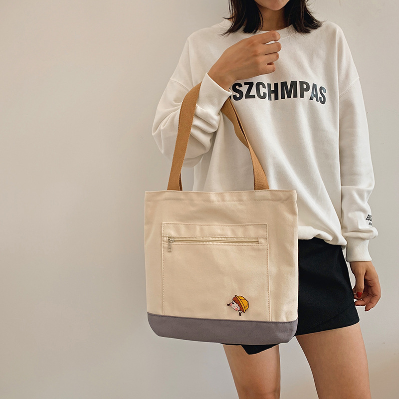 Canvas bag female new style student internet celebrity solid color class shoulder large bag commuter bag handbag tote bag