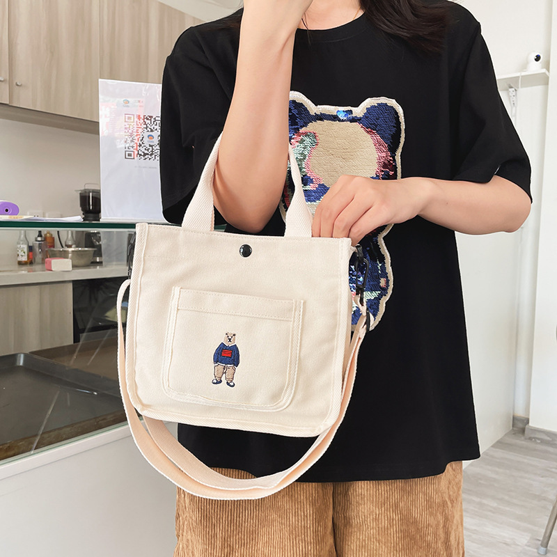 Japanese ulzzang college style vintage style embroidered bear girl student canvas hand-held crossbody bag small bag