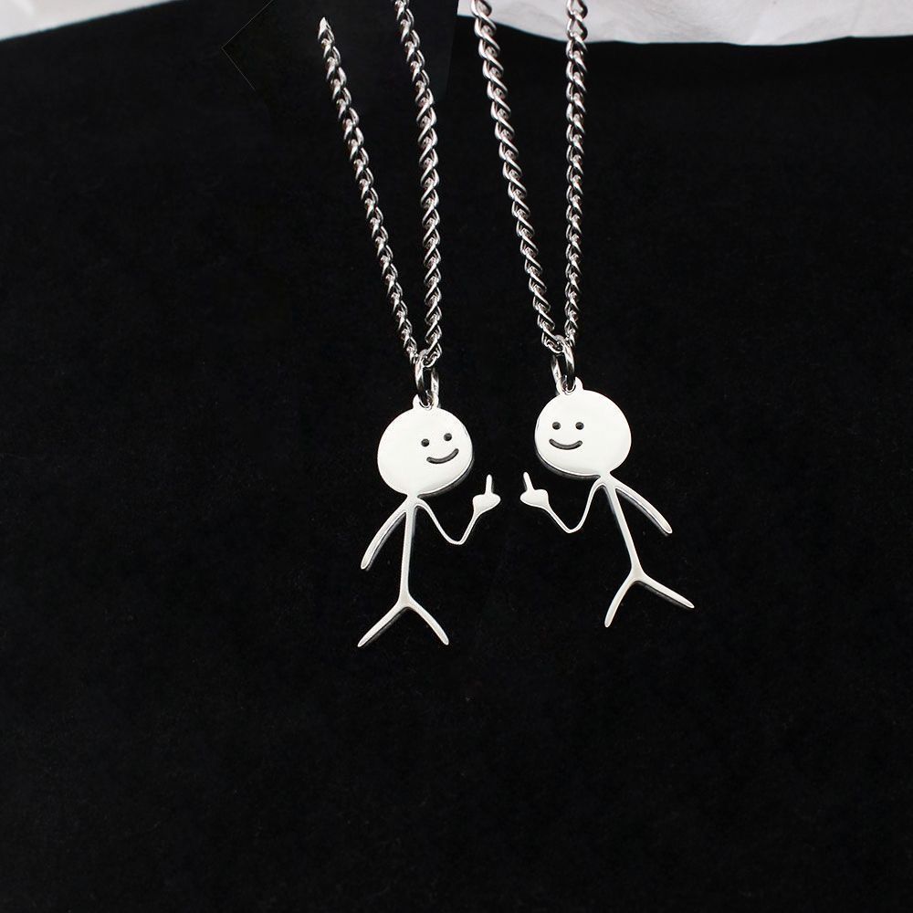 Stickman comparing heart with middle finger, couple necklace ins personality, cute, funny and interesting titanium steel necklace
