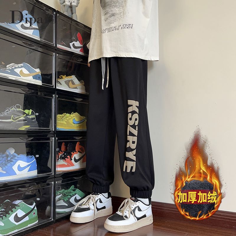 American style sweatpants for men in spring, autumn and winter plus velvet leggings, loose sports pants, men's casual trousers, trendy