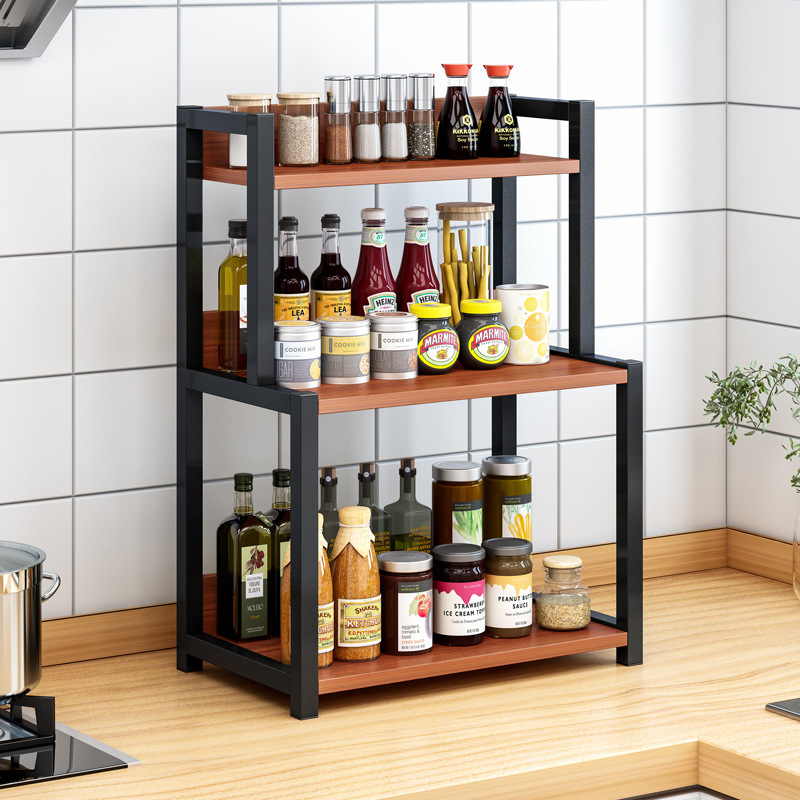 Kitchen rack spice rack countertop multi-layer soy sauce bottles and jars seasoning supplies oil salt sauce vinegar black storage shelf