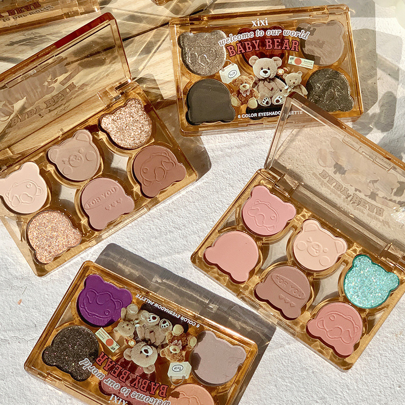 Makeup xixi working bear six-color eye shadow cool crushed diamond pink purple blue contrasting color y2k imitation makeup smoky cut-off eye makeup