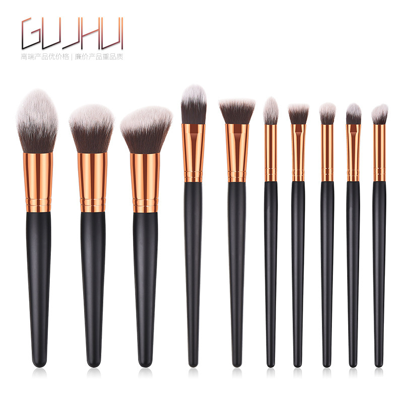 10-piece makeup brush set, blush brush, loose powder brush, beauty tools, wooden handle, black gold, loose powder, eye shadow brush