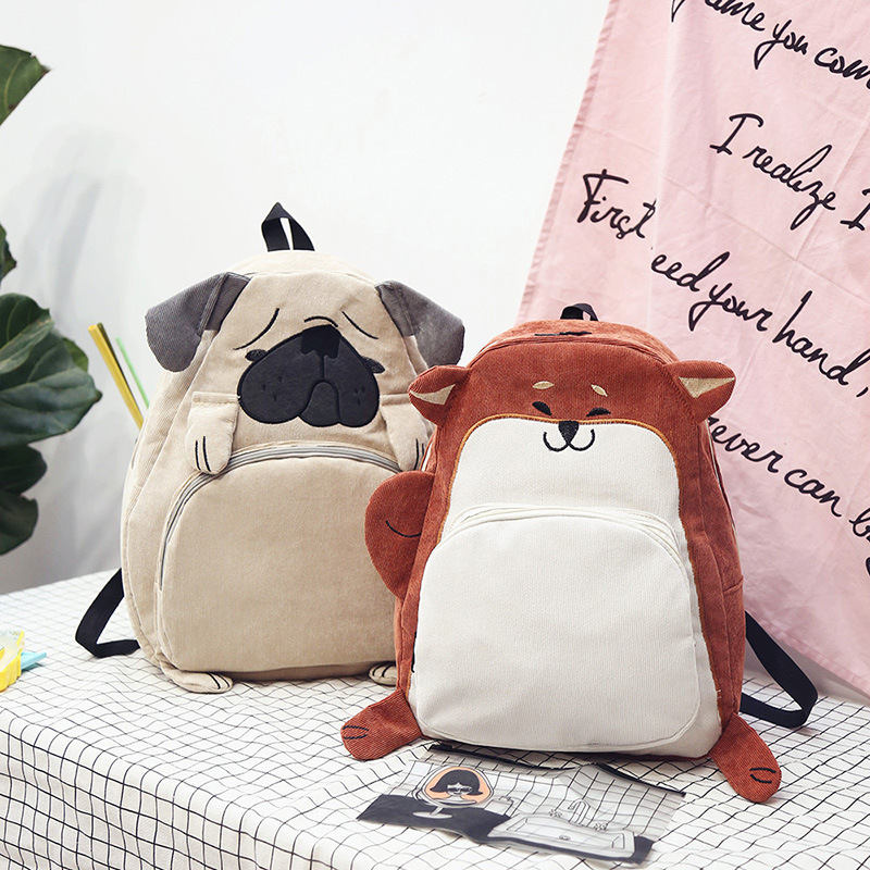 Japanese funny cartoon animal corduroy backpack cute soft girl backpack large capacity school bag