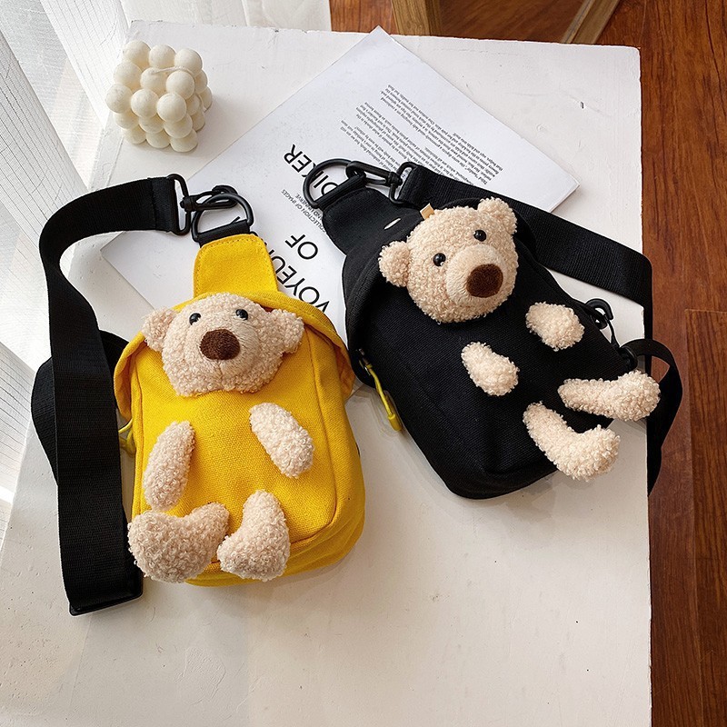 Bear canvas small bag new Korean style trendy ins crossbody chest bag trendy cute fashion women's chest bag