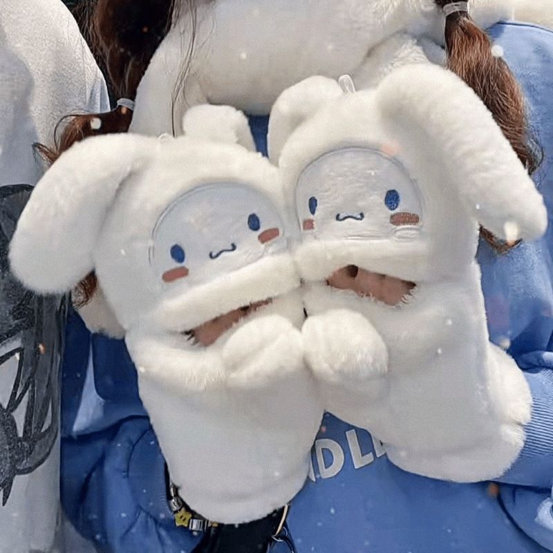 Korean version of gloves for women in winter Internet celebrity cute cinnamon dog warm and cold-proof ins student plush flip full finger gloves