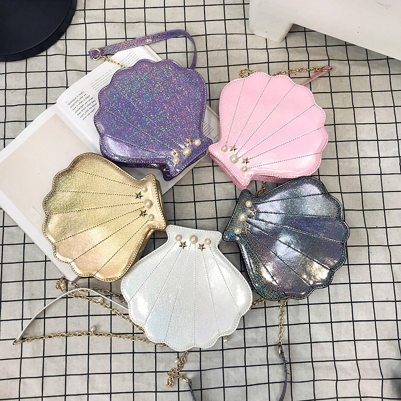 Foreign trade new laser shiny colorful shell women's bag fashion creative personality pearl chain one-shoulder cross-body bag for women
