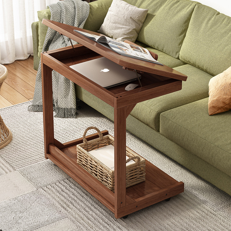 Home living room movable coffee table with wheels flip solid wood side table sofa side cabinet small apartment simple bedside table