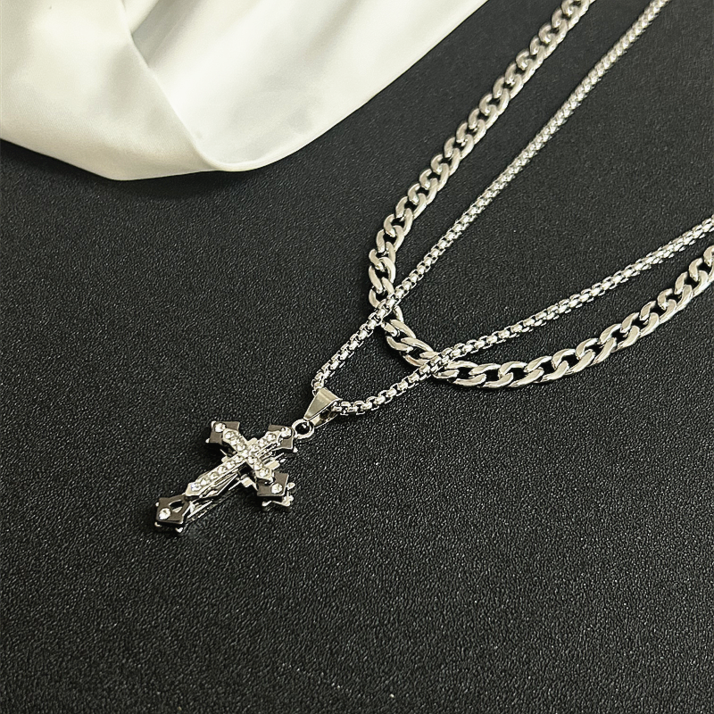 Cross pendant double-layer necklace American style trendy men's non-fading titanium steel thick chain good luck and safety accessories chain