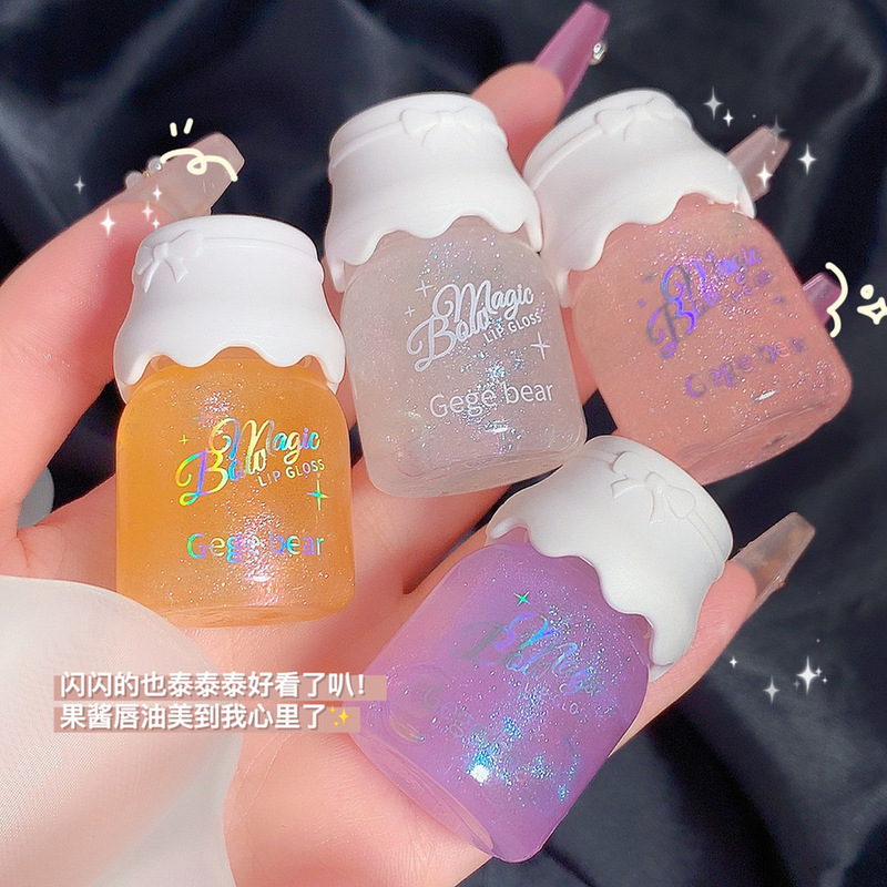 Gege bear bow small milk jar lip gloss moisturizing mirror water gloss with fine glitter glass lip balm