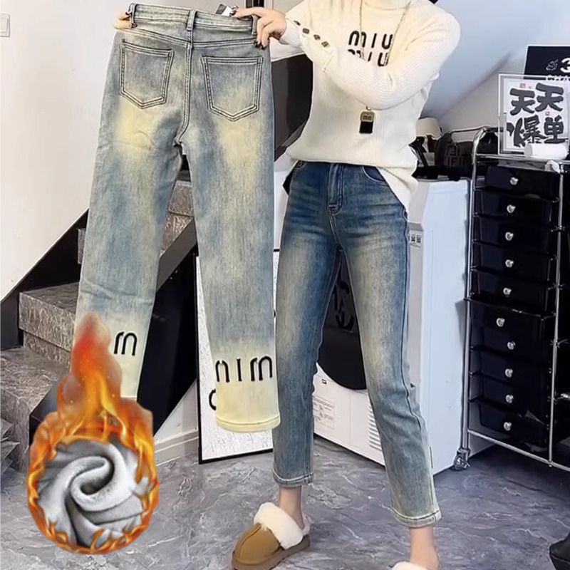 Straight-leg jeans autumn and winter new style velvet thickened straight-leg pants nine-point light-colored high-waisted slim cigarette jeans for women