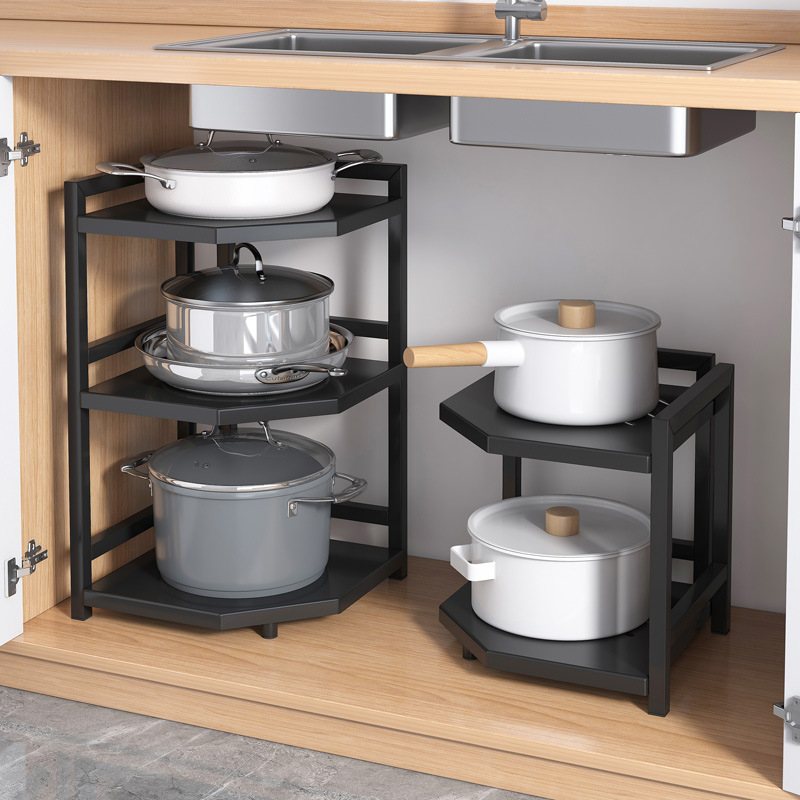 Kitchen corner storage rack, multi-layer countertop pots and pans, second-layer storage rack, cabinet, under-cabinet sink, layered storage
