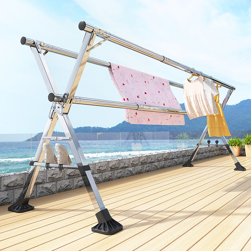 Balcony stainless steel telescopic clothes drying rack household floor-standing indoor folding clothes drying pole outdoor clothes drying quilt artifact
