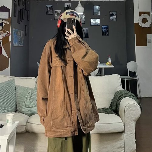 Hong Kong style retro niche versatile brown denim jacket for women spring and autumn new small casual design cardigan