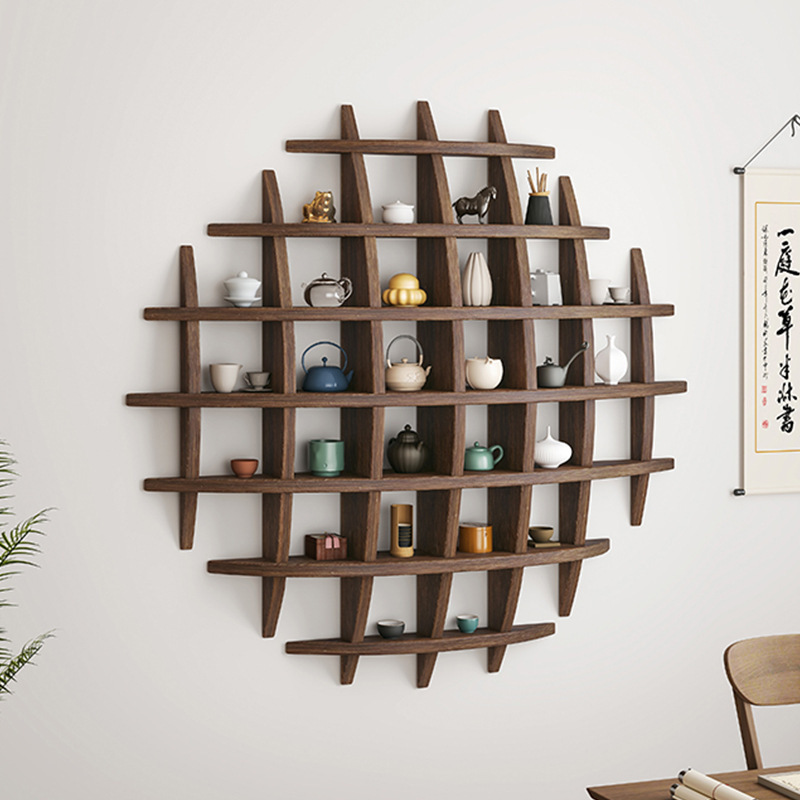Wall-mounted Bogu rack solid wood Chinese wall-mounted tea cup rack wall Duobao Pavilion lattice rack storage rack background display