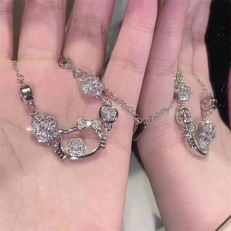 925 sterling silver hellokitty bracelet, cute fairy Hello Kitty diamond-encrusted adjustable bracelet for best friend and girlfriend