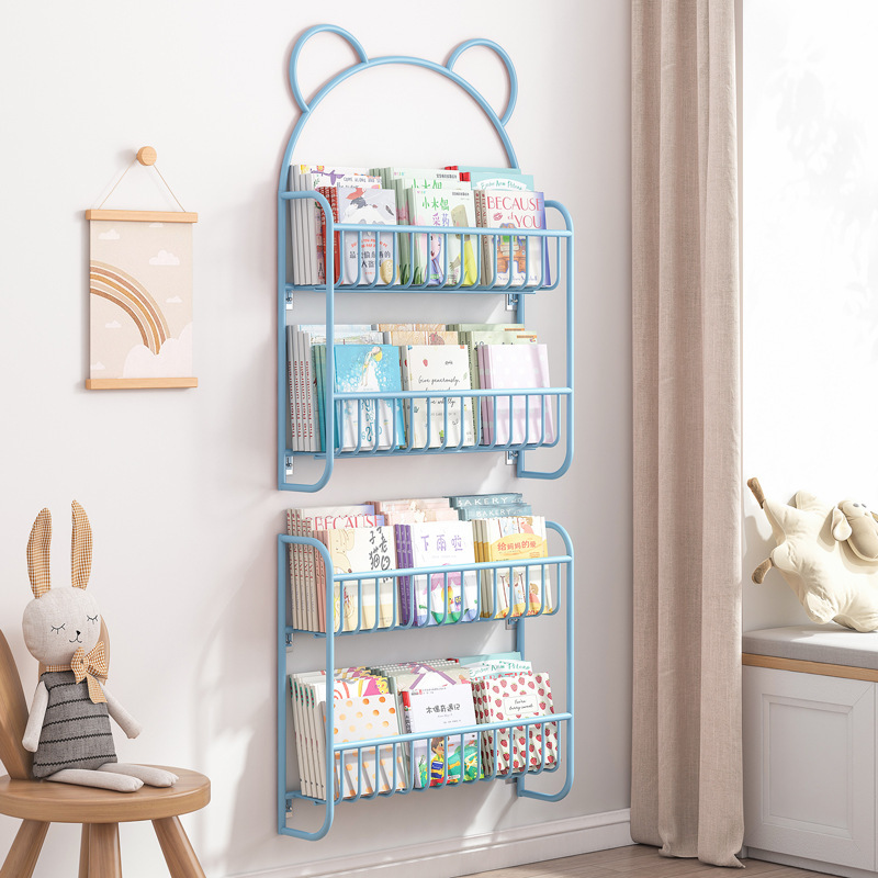 Wall bookshelf picture book storage rack wall-mounted iron floor-standing small large-capacity storage rack bookcase