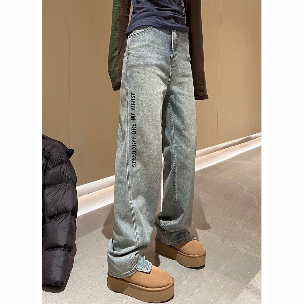 With velvet/without velvet, American wide-leg jeans for women, autumn and winter floor-length pants, large size, slim, loose, straight-leg pile pants