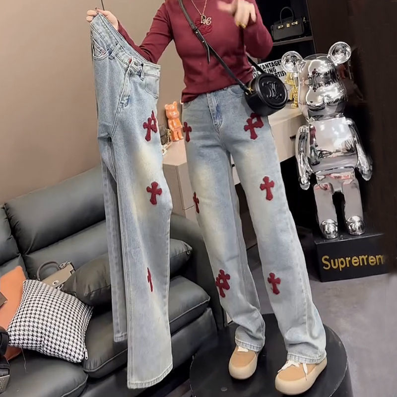 Fat sister plus size winter velvet straight jeans for women with pear-shaped body, slimming and covering the flesh, loose narrow version floor mopping pants