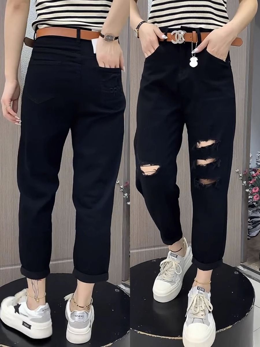 Summer new thin style, pear-shaped body, slightly fat, large size ripped jeans, women's ripped harem daddy pants
