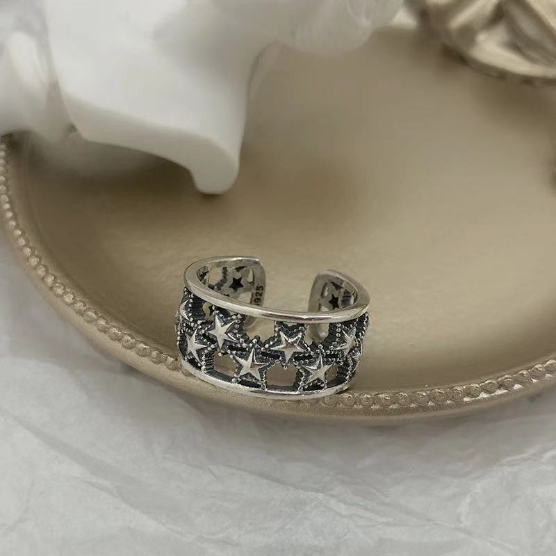 S925 plain silver hollow star five-pointed star Korean style trendy female ring index finger fashion European and American retro personalized ring