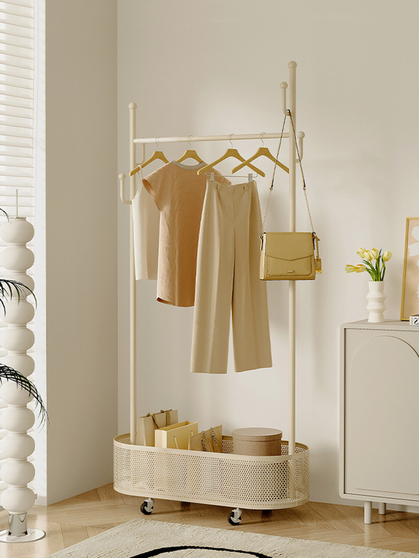 Clothes rack floor-standing bedroom multi-functional small clothes rack minimalist corner does not take up space cream wind dirty clothes basket coat rack