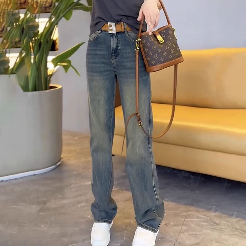 Large size narrow version high waist wide leg jeans for women spring 2024 new loose slimming versatile simple straight trousers