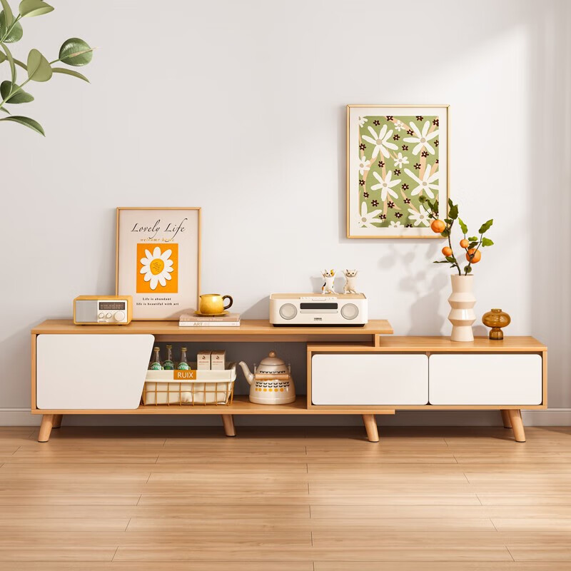 TV cabinet simple modern small apartment solid wood leg coffee table TV cabinet combination Nordic retractable TV cabinet living room
